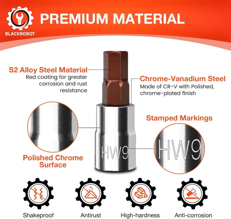 BLACKROBOT 9 mm Hex Bit Socket, 3/8 Inch Drive HW9 Allen Key Socket, Metric, Full Polished, S2 Steel Head Made For Repairing - Image 2